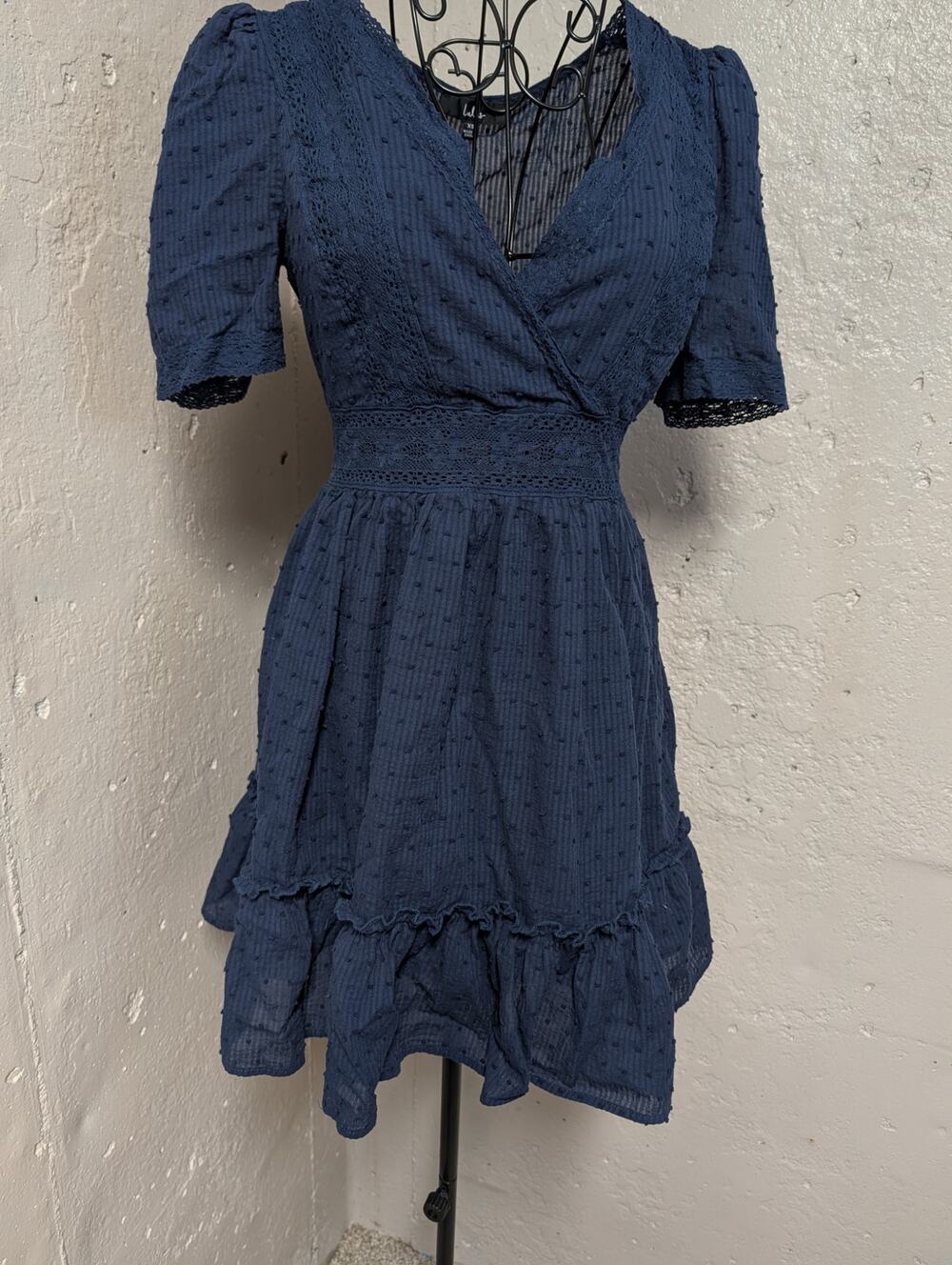 Lulus Blue Cotton Swiss Dot Lace Ruffle Mini Dress Romantic Boho